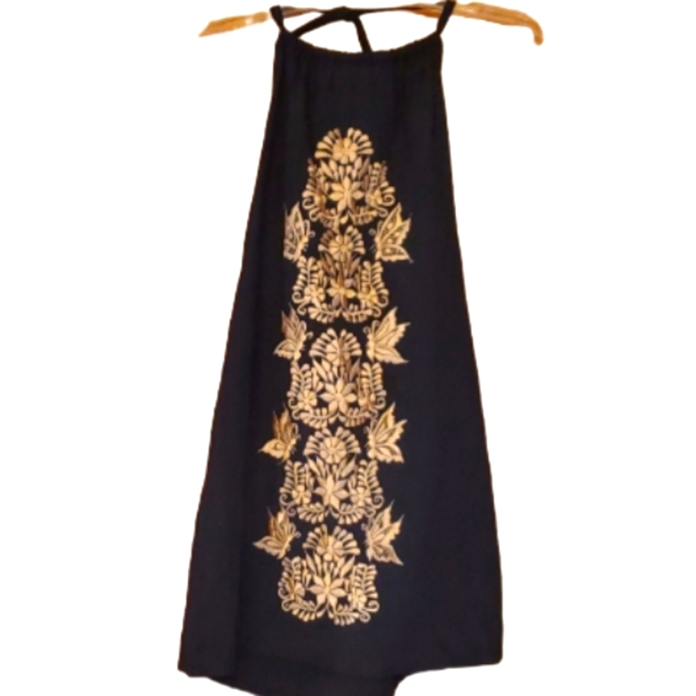 Boutique Black Halter Embroidered Metallic Gold Floral Dress‎ in Medium